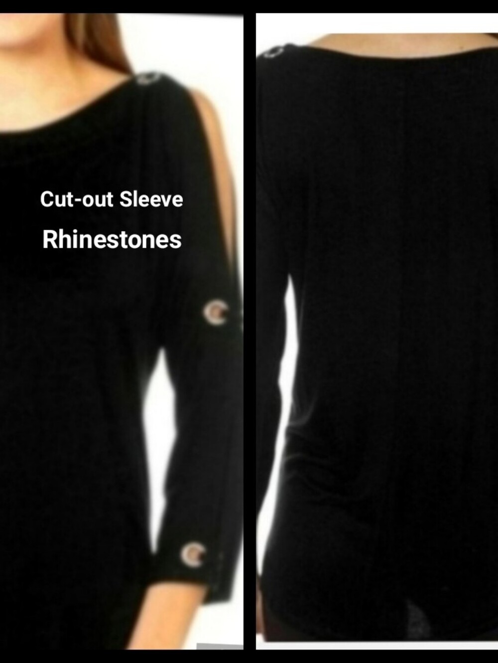 Black Cut-out Crystal Rhinestone Detailed Tunic Top Medium Holiday Top